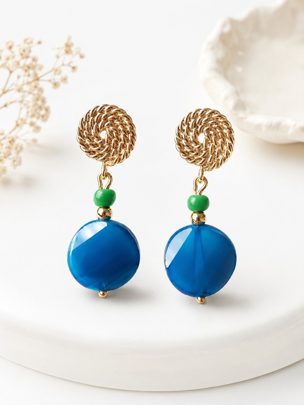 Gold Rope Knot Drop Earrings with Blue Discs and Green Beads